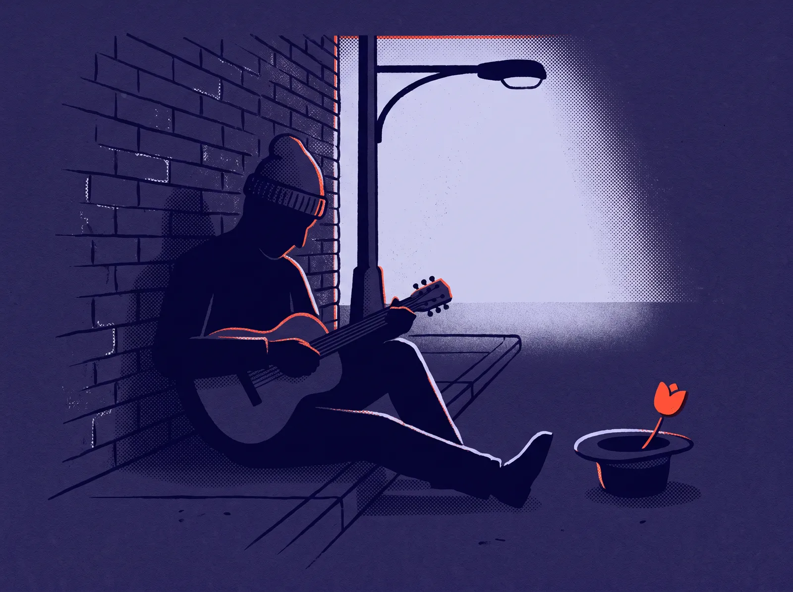 A street performer dozes against a brick wall on the curb, guitar on the lap, one red tulip in the open hat.